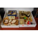 Two boxes containing a collection of miniature stuffed toys and dolls house accessories