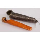 An Edwardian silver cheroot holder case, together with an amber and gold tipped cheroot holder (a/