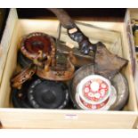 A box of mixed items to include Chinese hard wood stands, African carved bust of a lady etc