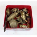 A box of miscellaneous items, to include brass ornaments, novelty bottle stopper etc