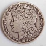 U.S.A. 1901 Morgan dollar, obv; Liberty head above date, rev; spread eagle above arrows within