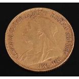 Great Britain, 1898 gold half sovereign, Victoria veil head, rev; St George and Dragon above