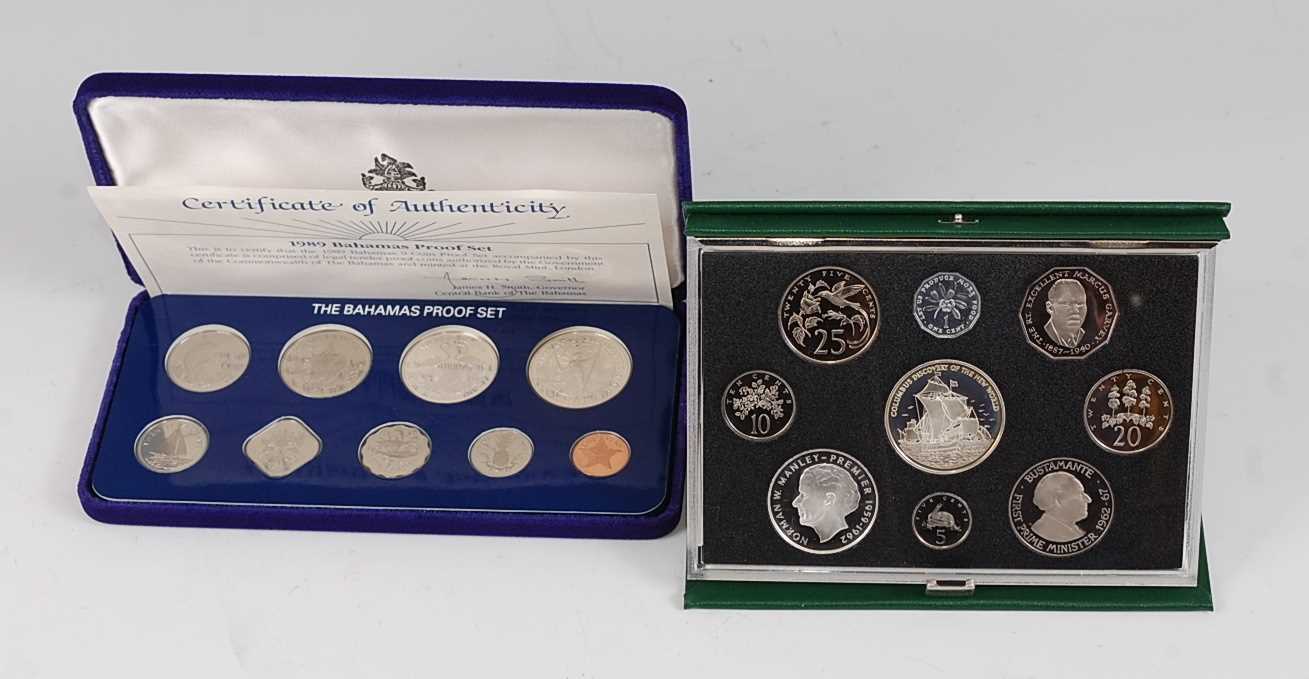 Bahamas, 1989 Royal Mint nine coin proof set, boxed with certificate, together with a 1989 Jamaica