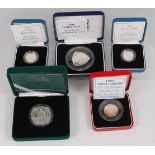 The Royal Mint, a collection of five silver proof coins to include 1996 Bermuda triangular $3, UK