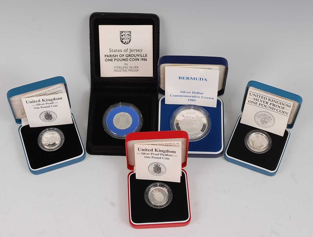 The Royal Mint, a collection of five silver proof coins to include Bermuda $1, States of Jersey