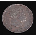 Great Britain, 1820 shilling, George III bull head, rev; crowned quartered shield within garter,