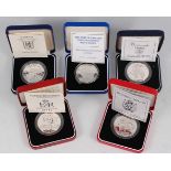 The Royal Mint, a collection of five silver proof coins to include 1990 Bermuda Cicada $2, 1992