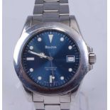 A gent's Bulova steel cased automatic wristwatch, having signed blue dial, luminous baton markers