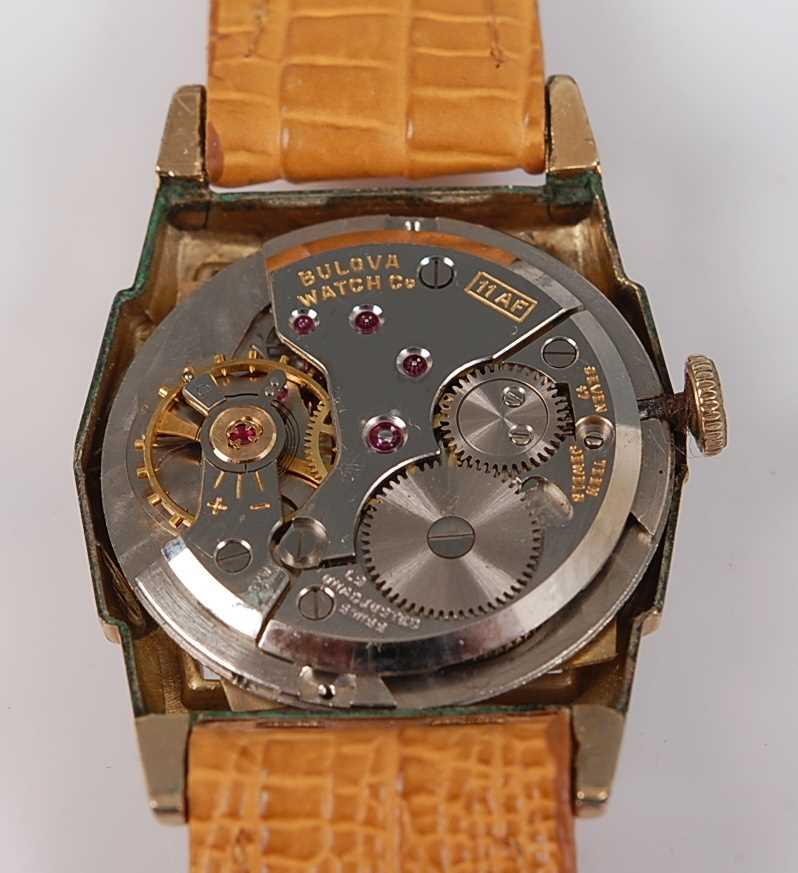 A Bulova gold plated gent's small size tank watch, having signed champagne dial with Arabic - Image 4 of 4