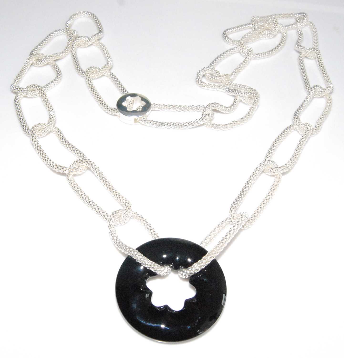 A Mont Blanc silver meshed large chainlink necklace, having black porcelain Mont Blanc signature