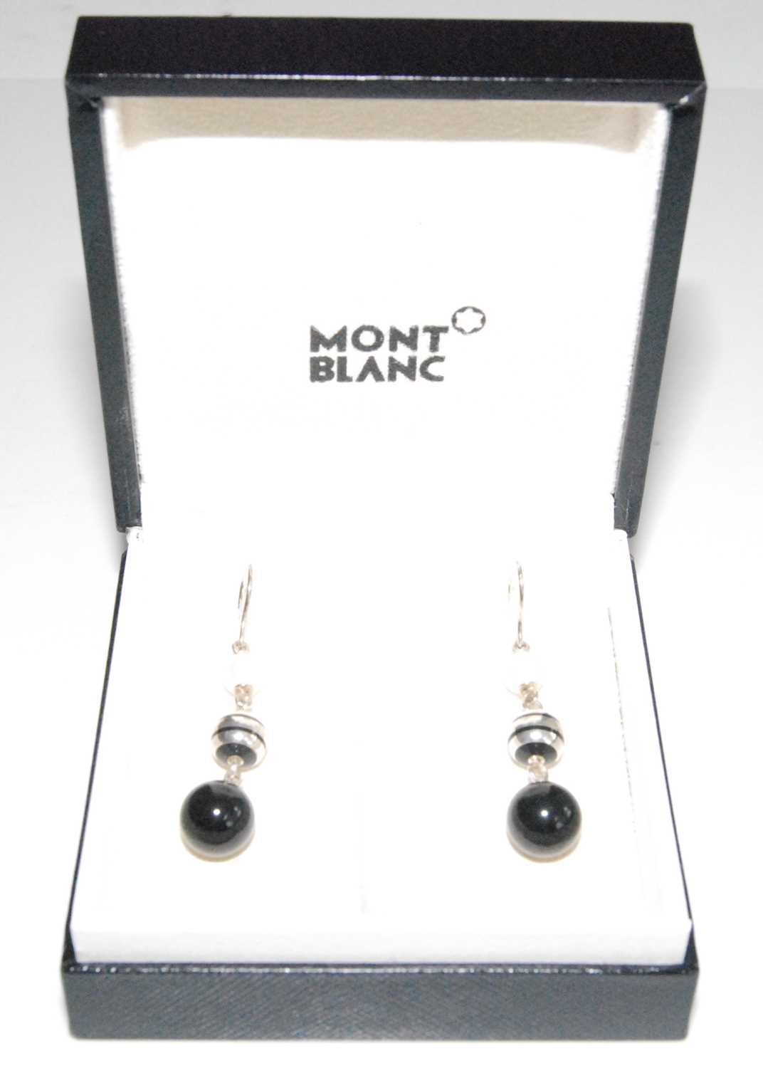 A pair of Mont Blanc silver, cultured pearl and black onyx bead three-tier ear pendants, on - Image 2 of 2