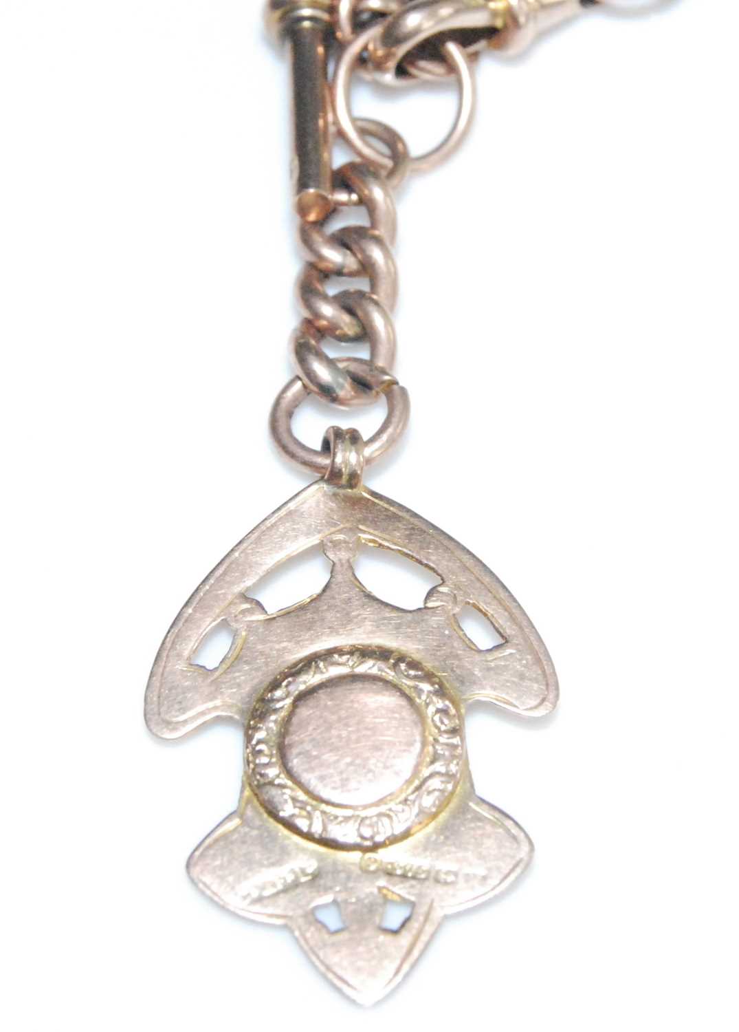 A 9ct rose gold rounded curblink Albert chain with T bar, swivel clasp and engraved shield shaped - Image 2 of 2