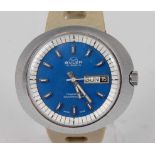 A gent's Buler Tasmania steel cased vintage wristwatch, the signed blue dial with baton markers,
