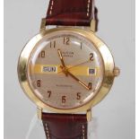 A gent's Bulova gold plated automatic wristwatch, having a signed silvered day/date dial with Arabic