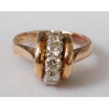 A yellow metal diamond five-stone ring, the five round brilliant cut diamonds claw set vertically in
