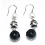 A pair of Mont Blanc silver, cultured pearl and black onyx bead three-tier ear pendants, on