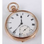A George V gent's 9ct gold cased open face pocket watch, having an unsigned white enamel dial,