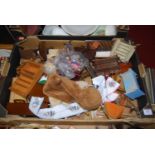 A box of assorted dolls house furniture principally being wooden and left natural, together with