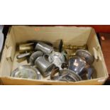 A box of miscellaneous metalware to include pair of turned brass candlesticks, pewter tankard, model