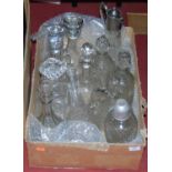 A box of miscellaneous glassware to include a claret jug with cut glass body and silver plated