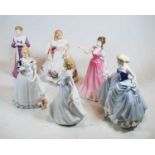 A collection of six Royal Doulton porcelain figures of ladies to include Take me Home, Susan,