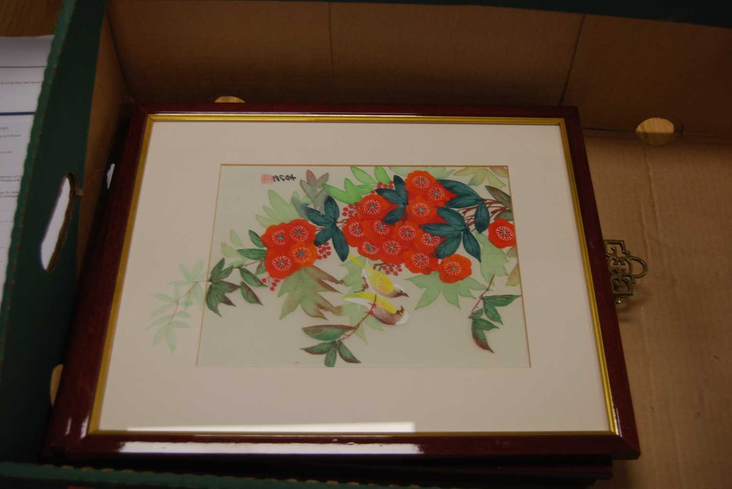 A box containing a collection of Chinese porcelain plates and Chinese silk paintings - Image 2 of 14