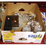 A box of miscellaneous items to include a silver plated two bottle cruet stand, various wooden