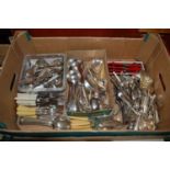 A box of miscellaneous silver plated loose flatware, various dates, makers and patterns