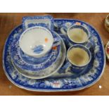 A blue & white transfer decorated meat dish together with other blue & white table wear to include
