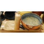 A collection of various items to include a carved wooden dish, a copper bowl, a stoneware flask