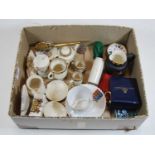 A box of miscellaneous items to include cabinet crested china, a Goliath pocket watch (a/f)