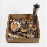 A box of miscellaneous items to include silver clad easel photograph frame, napkin rings, loose