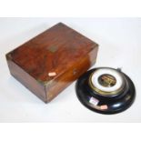 A mid 19th century rosewood box with inset brass cartouche and corners, width 30cm,together with