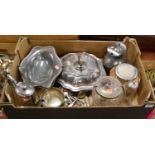 A box of miscellaneous metalware to include an early 20th century pewter hot water jug with spot