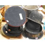 A gentleman's black bowler hat, together with five various other hats