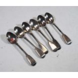 A set of five Victorian silver teaspoons in the fiddle pattern, together with one other similar