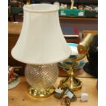 A pressed glass and brass table lamp and shade, 54cm high, together with another table lamp