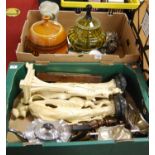 Two boxes of miscellaneous items, to include a Victorian mahogany and brass mounted spirit level,