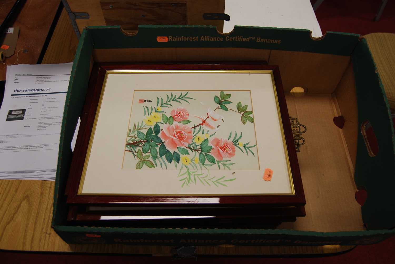 A box containing a collection of Chinese porcelain plates and Chinese silk paintings - Image 10 of 14