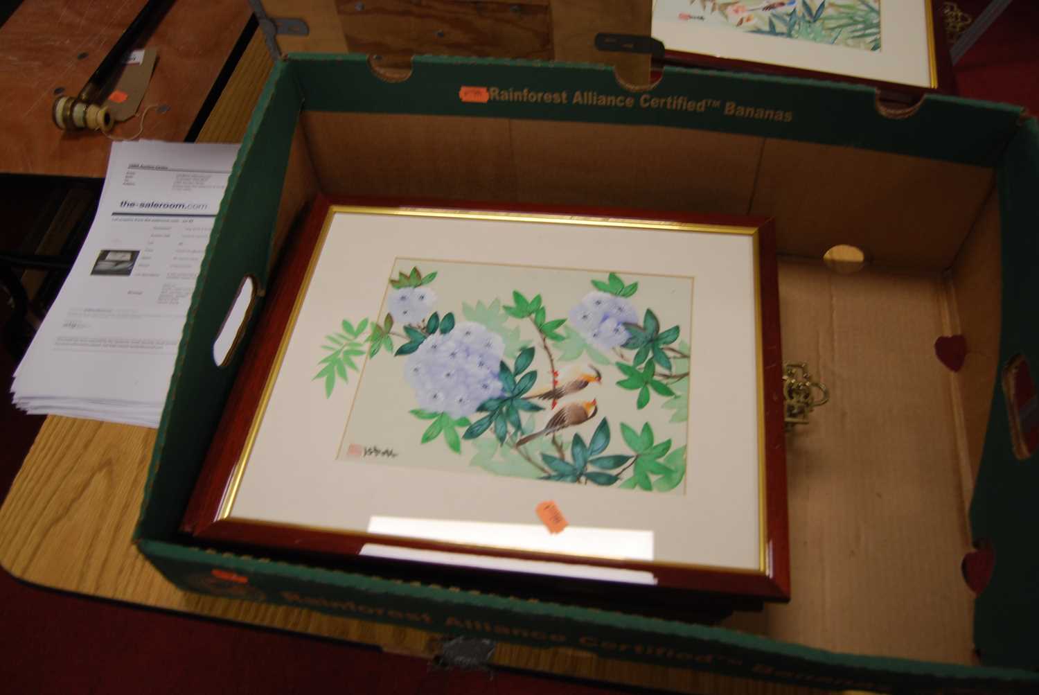 A box containing a collection of Chinese porcelain plates and Chinese silk paintings - Image 14 of 14