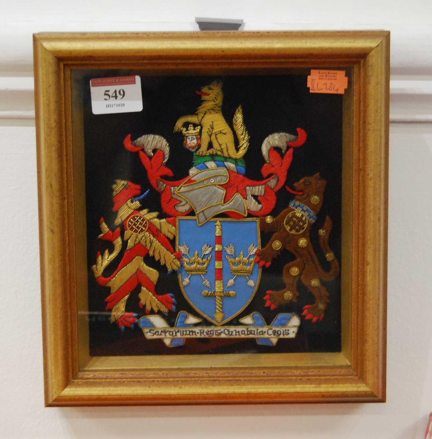 A gold thread and woven silk coat of arms of Bury St Edmunds, in gilt frame 19x17cm