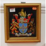 A gold thread and woven silk coat of arms of Bury St Edmunds, in gilt frame 19x17cm