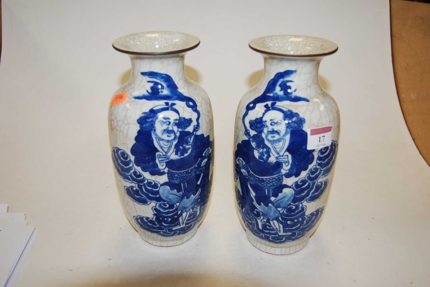 A pair of 20th century Chinese blue & white crackle glazed vases, with flared rims, the ovoid body - Image 2 of 6