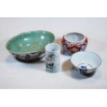 A Chinese famille verte oval bowl, 26x21cm together with a blue & white bowl, a Japanese Imari