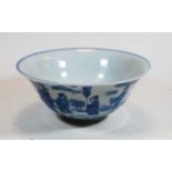 A Chinese export blue & white glazed porcelain bowl, decorated with figures, six character mark to