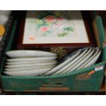 A box containing a collection of Chinese porcelain plates and Chinese silk paintings