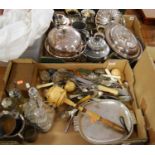 Two boxes of miscellaneous items, to include silver plated entrée dishes, four bottle cruet, loose