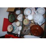 Three boxes of mixed table china, stoneware bowls, flan dishes, Le Creuset casserole dish etc
