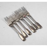 A collection of six 19th century and later silver forks in the fiddle pattern, various dates and