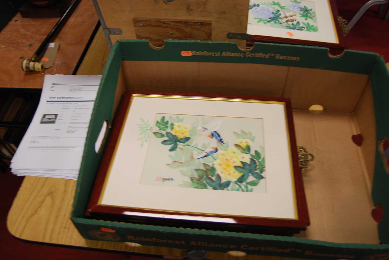 A box containing a collection of Chinese porcelain plates and Chinese silk paintings - Image 12 of 14
